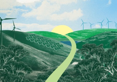 Collage style image of green hills with wind turbines on a sunny horizon