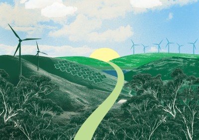 Collage style image of green hills with wind turbines on a sunny horizon