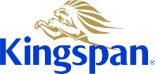 Kingspan logo in blue with a lion jumping to the left above it