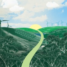 Collage style image of green hills with wind turbines on a sunny horizon