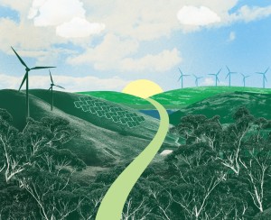 Collage style image of green hills with wind turbines on a sunny horizon