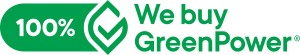 The GreenPower tick leaf mark on the left and the text "We buy 100% GreenPower logo" next to it