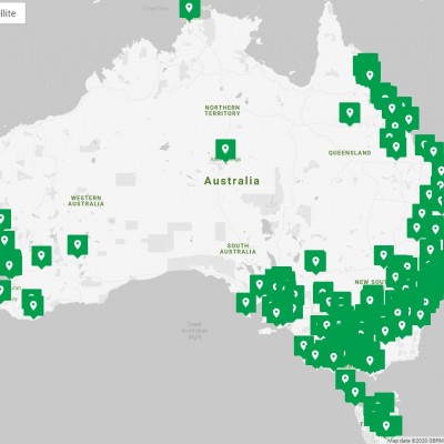 Map of Australia with pins where GreenPower accredited renewable energy generators are